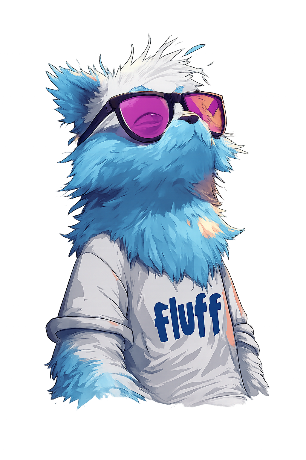 McFluff, a fluffy blue character in pink sunglasses and a Fluff shirt
